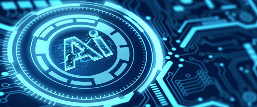 Ai chipset on computer circuit board. Ai CPU concept. 3D Renderi AI