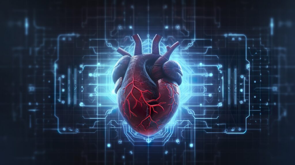 Human heart with cardiogram for medical heart health care background, AI Generative Wearable Tech Gadgets