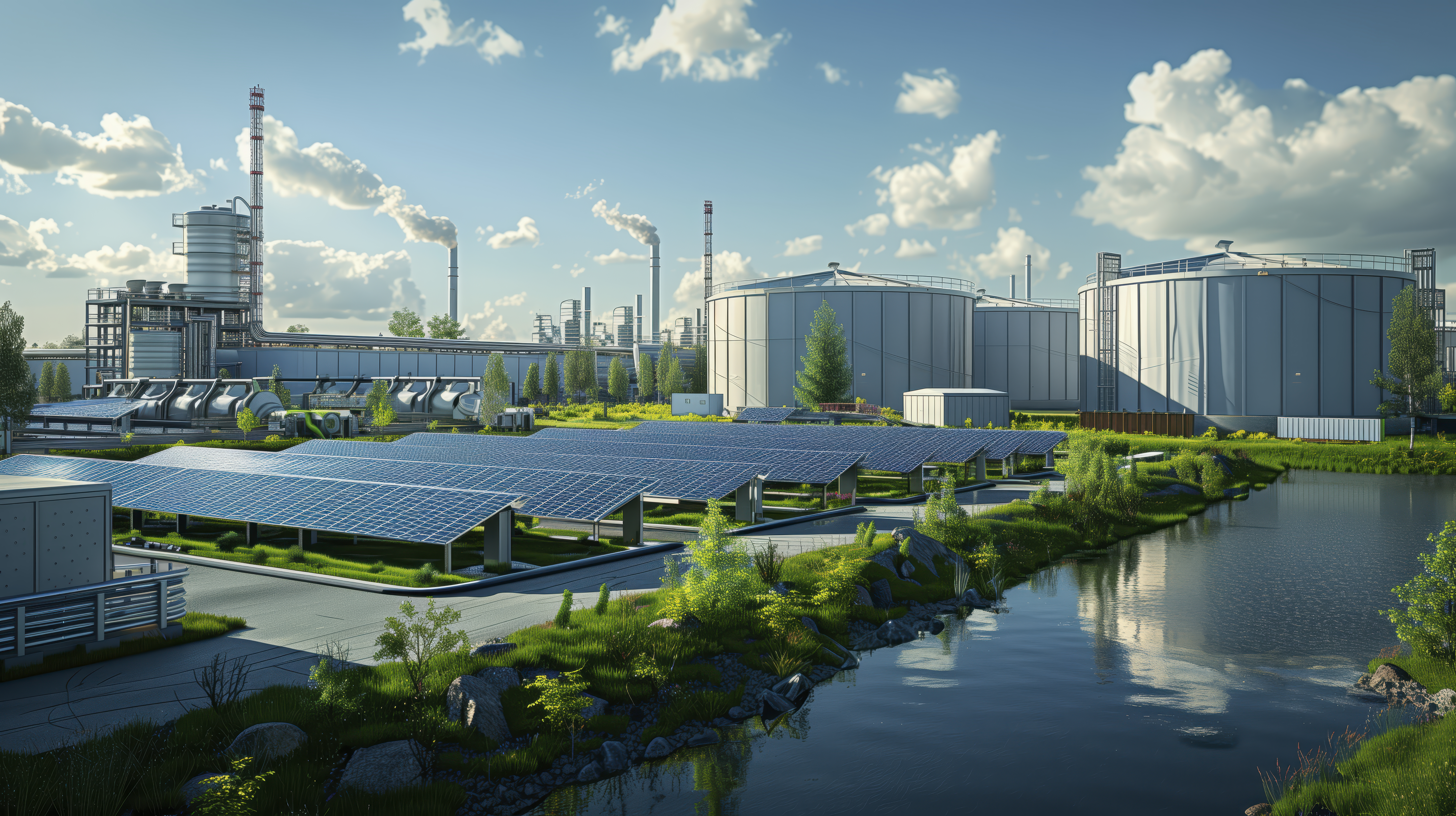Industrial plant demonstrates commitment to sustainability by using solar panels to generate green energy green tech