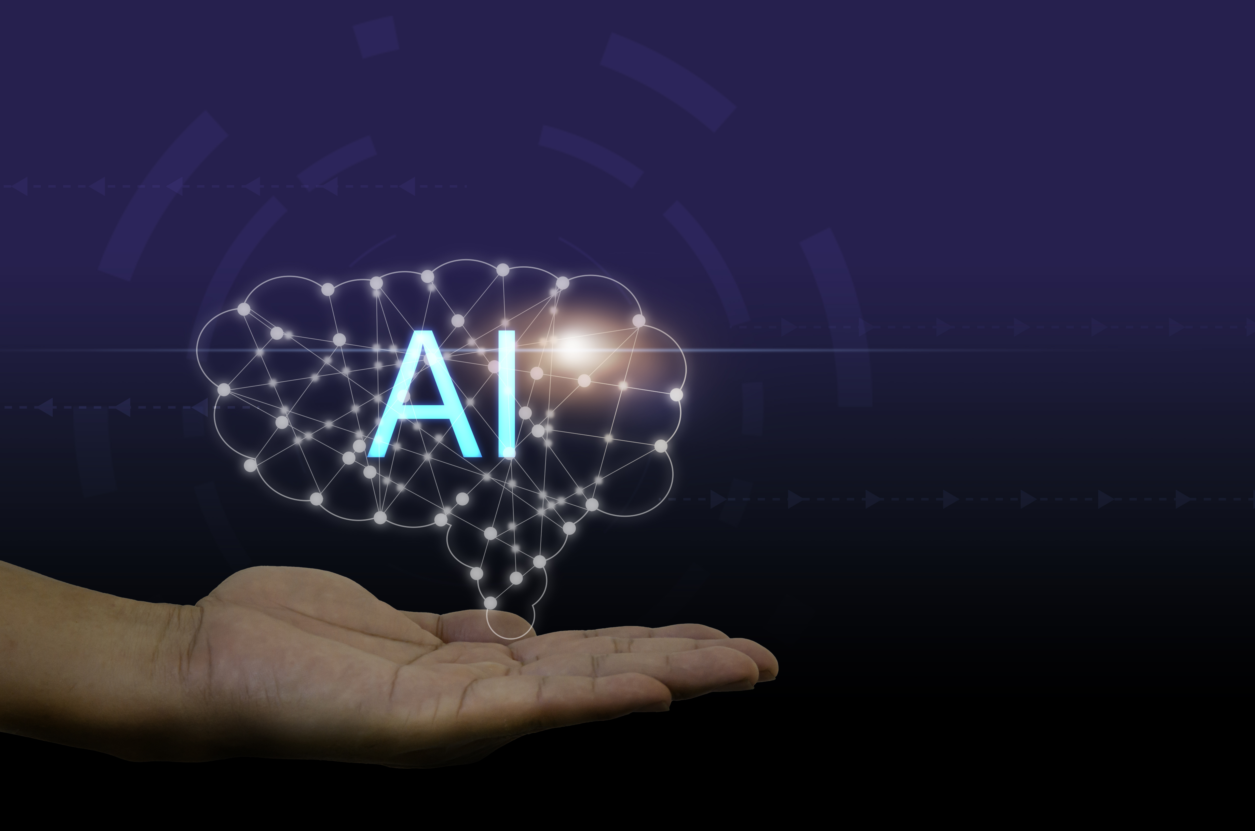 Visual technology interface. A.I. Artificial Intelligence and process analytical brain icon on hand businessman. Adaptive AI for the future