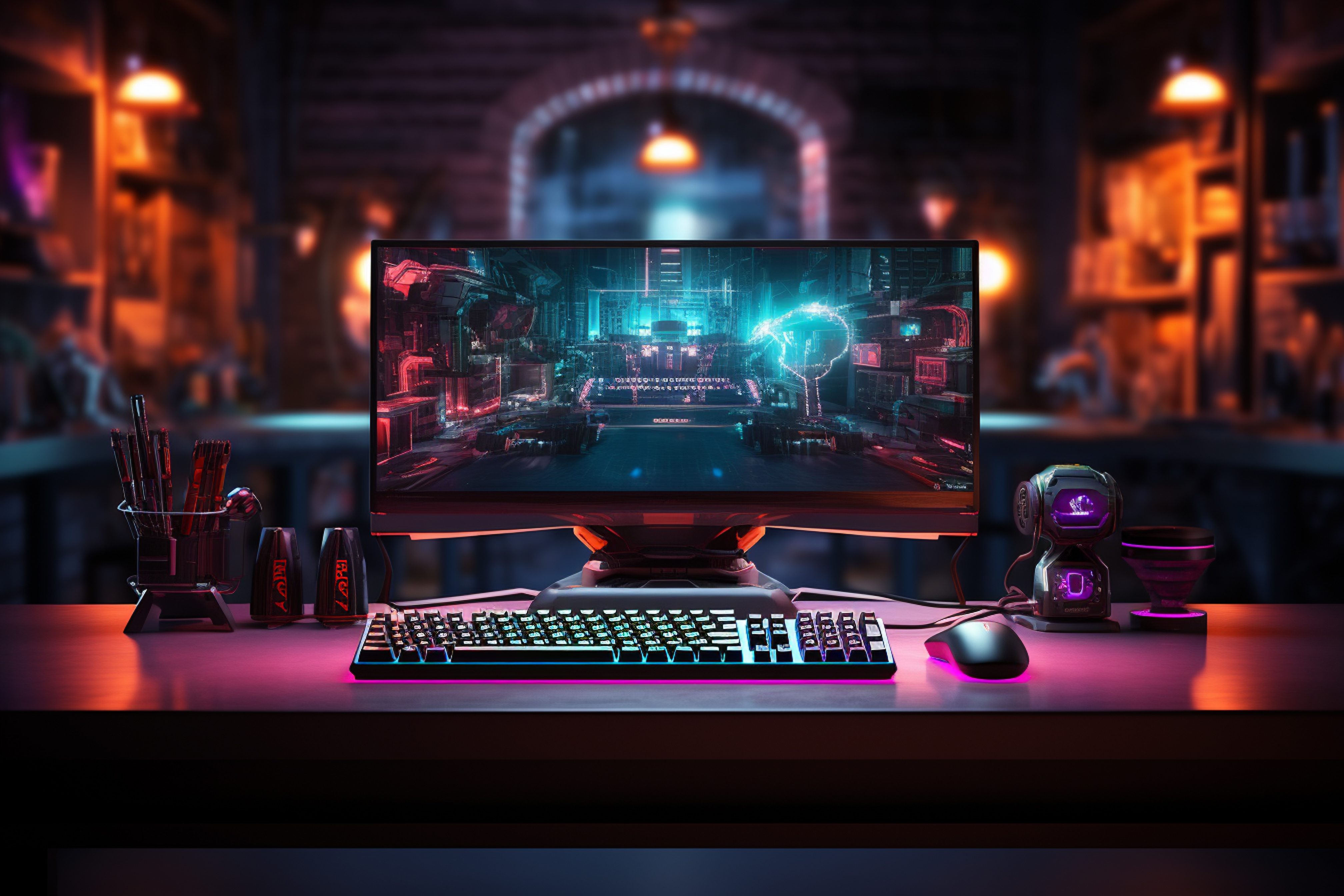 Cyberpunk gamer workspace with personal computer and gaming accessories. 3D Rendering Gaming PC vs Console