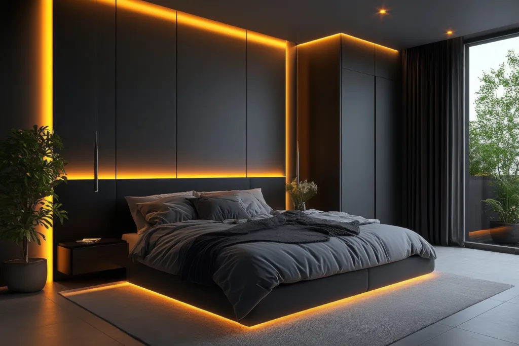 Modern bedroom design featuring ambient lighting and contemporary decor in a stylish urban apartment Govee Strip Light 2 Pro