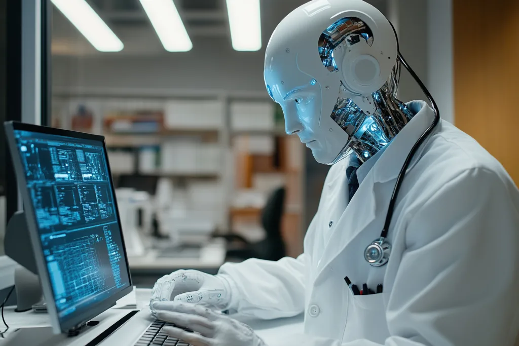 Robot doctor uses computer in work. Concept of artificial intelligence in medicine. Generated by artificial intelligence patient outcomes